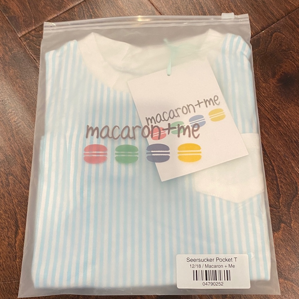 Macaron + Me Bamboo Seersucker T-Shirt with White Pocket 12-18m NWT